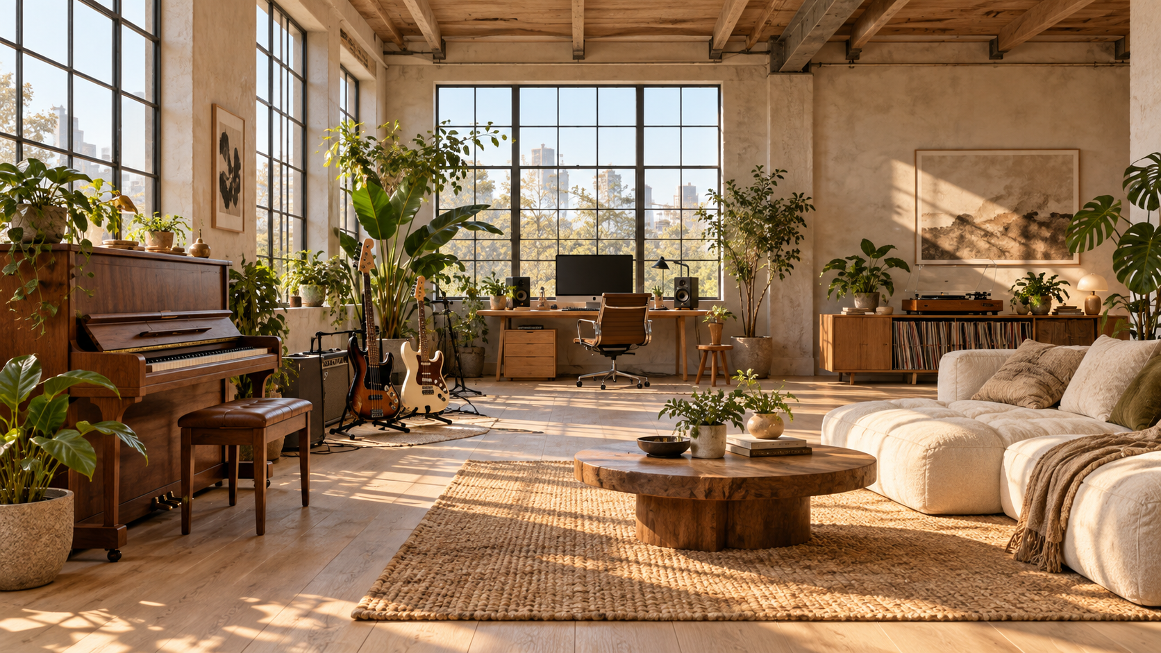 A sunlit music loft with a timber piano, guitars and bass, plants, a cream sofa and a round wooden table.